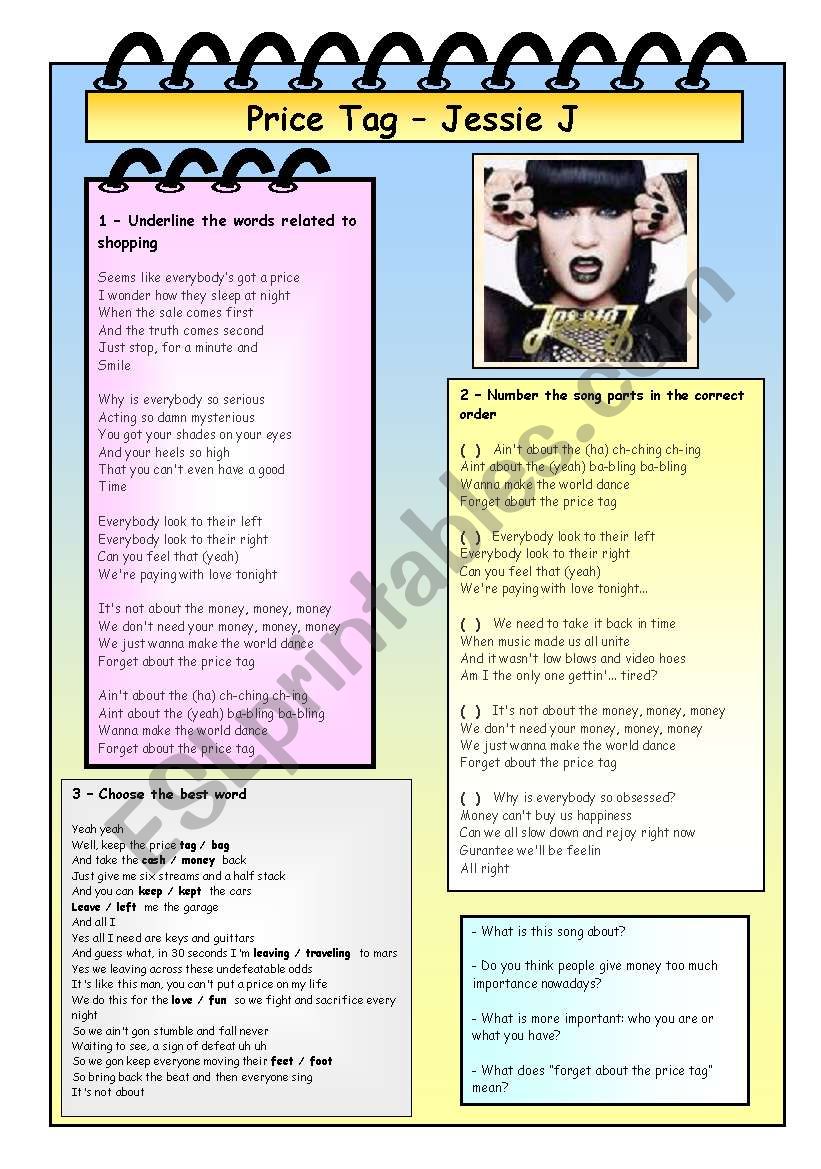 Song - Price Tag  by Jessie J worksheet