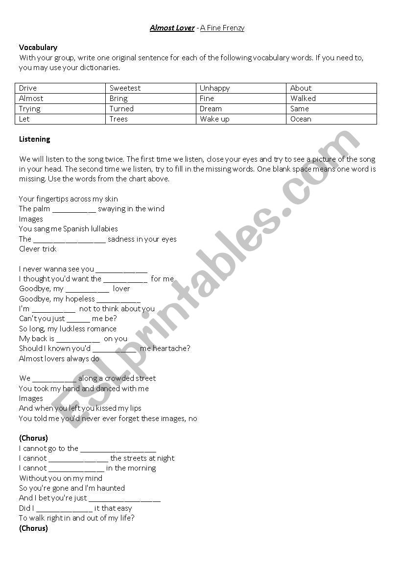 Almost Lover - A Fine Frenzy worksheet