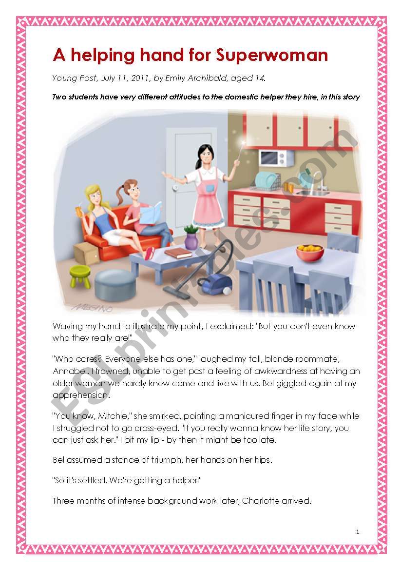 Suitable for HKDSE School-based assessment (SBA) - print-fiction (a short fiction for practice). A helping hand for Superwoman (written by a girl aged 14)