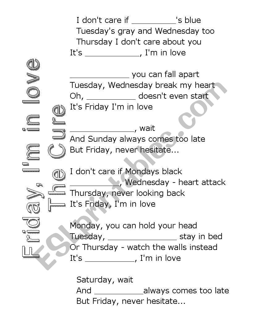 friday, im in love worksheet