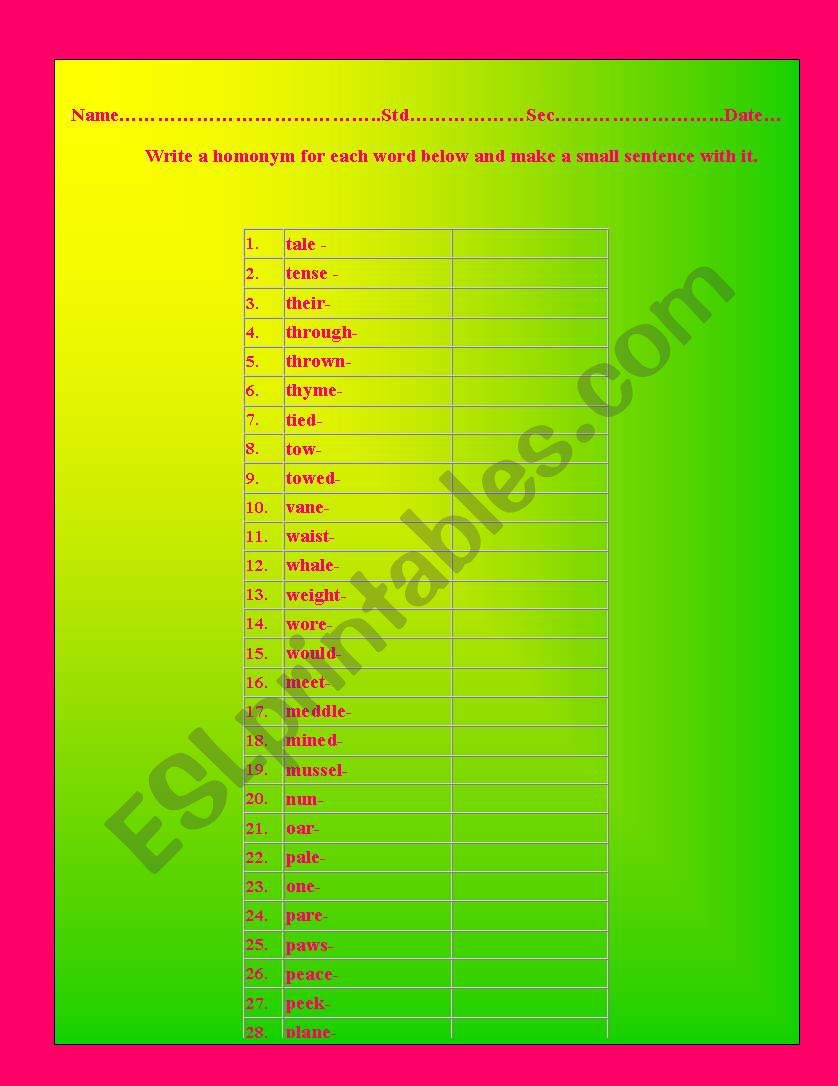 HOMONYM worksheet