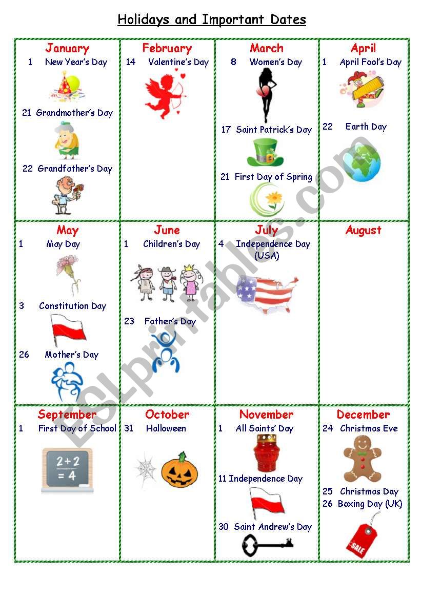 Holidays and Important Dates Calendar