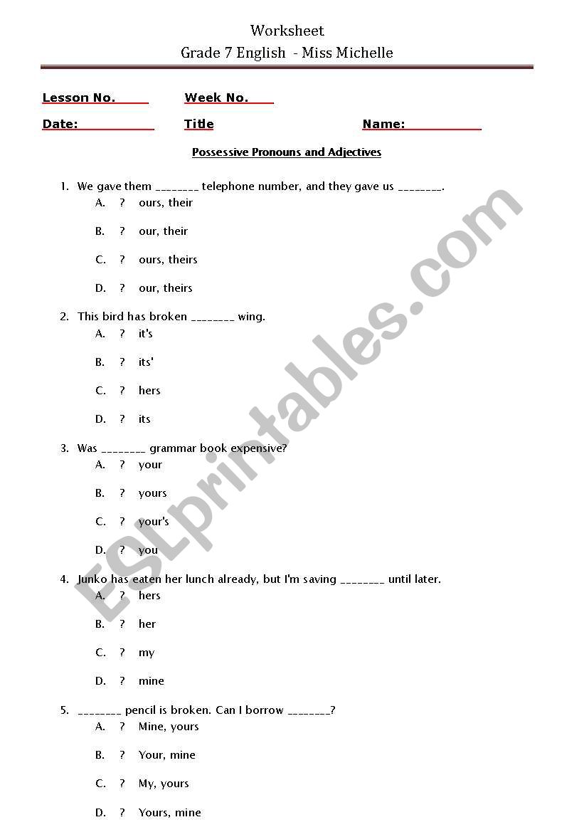 Possessive Pronouns and Adjectives