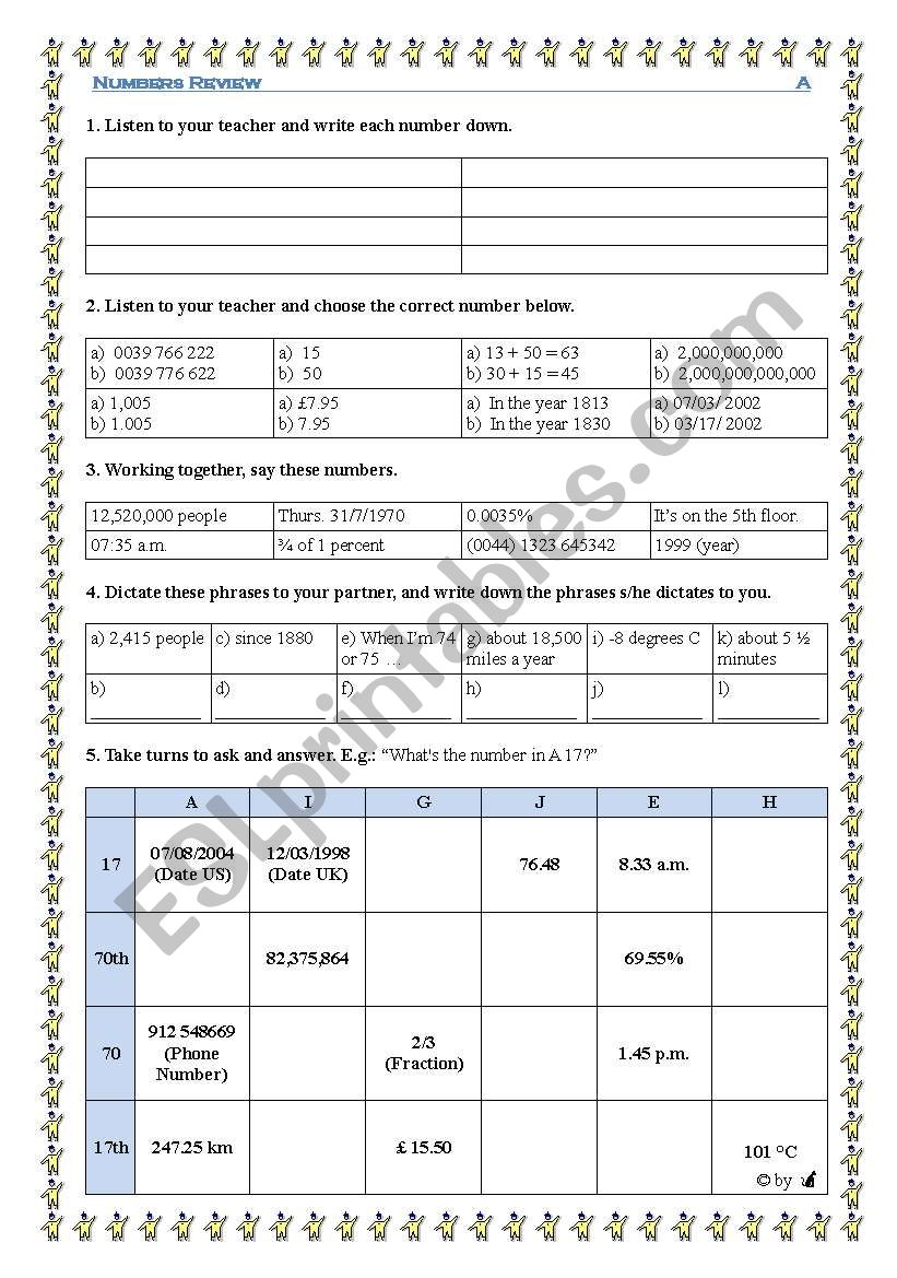 Numbers Pairwork - Revision: dates, time, fractions etc.