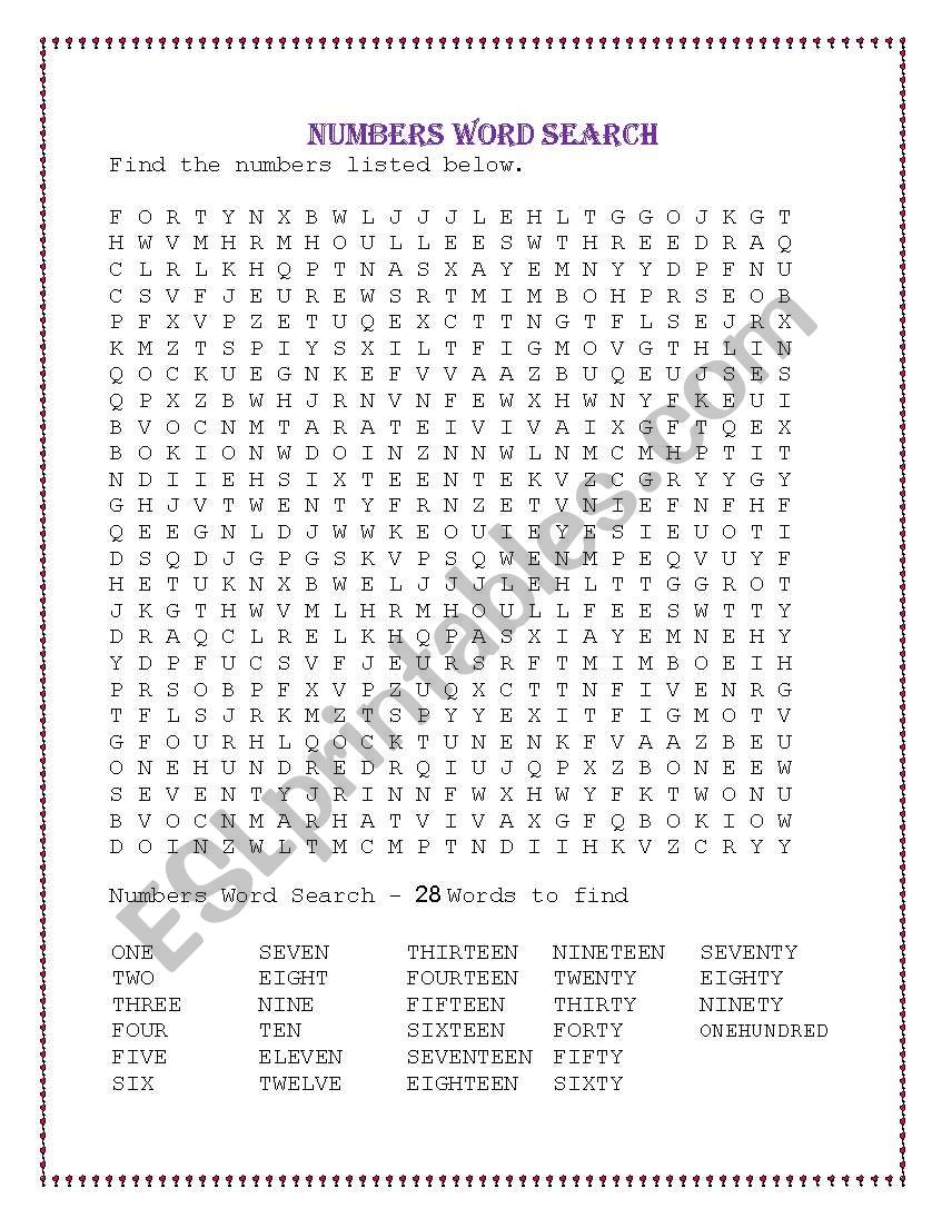 numbers wordsearch worksheet