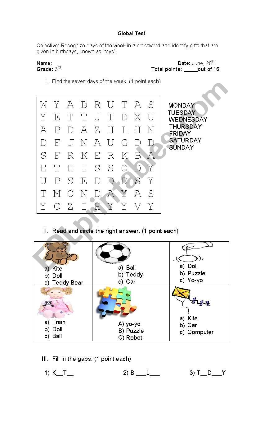 days of the week and toys worksheet