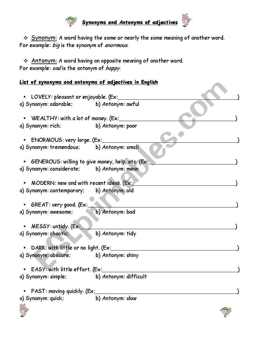 Synonyms and Antonyms of adjectives