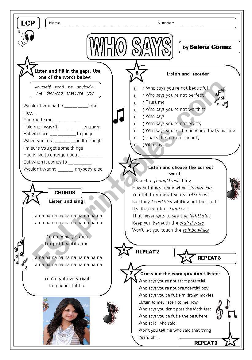 LCP - Who Says (Selena Gomez) worksheet