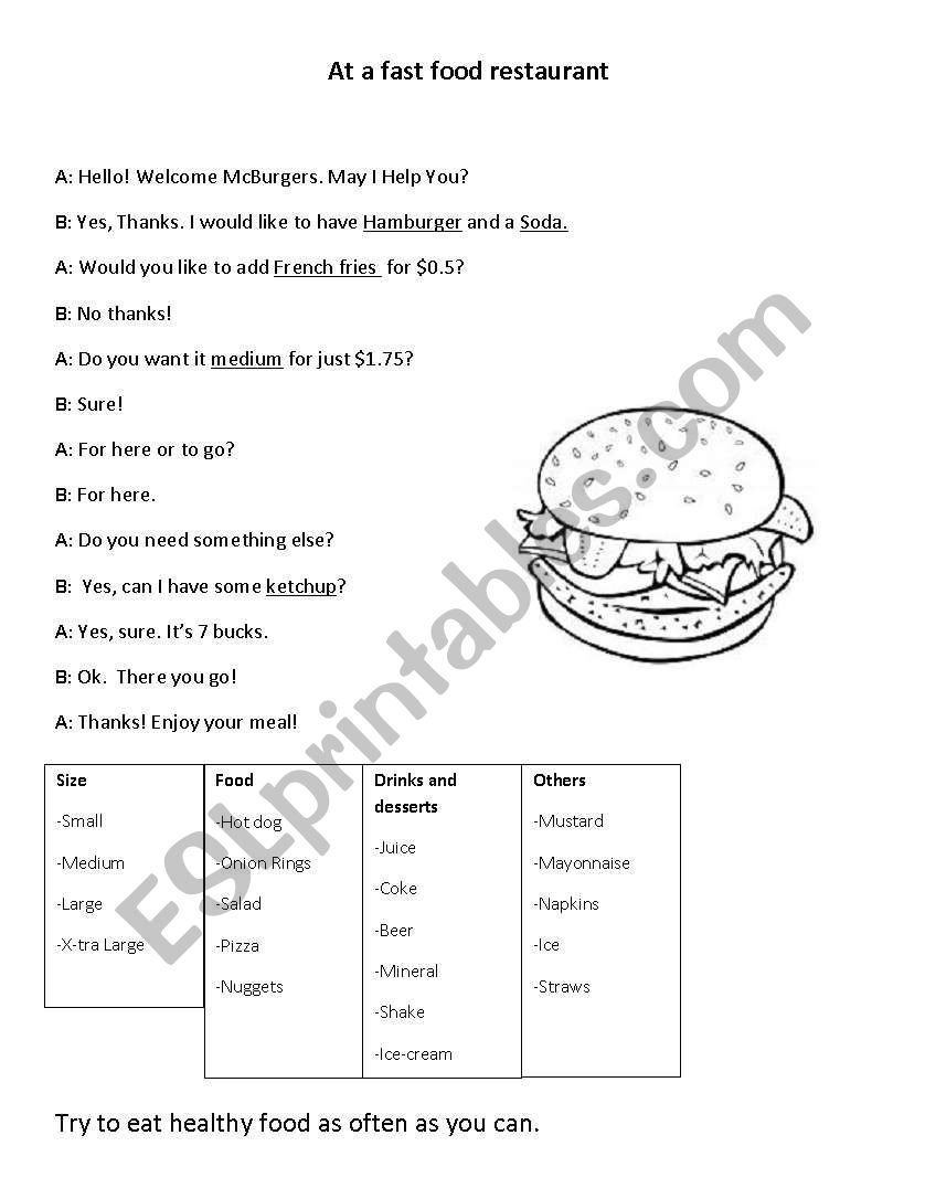 Eating Junk food worksheet