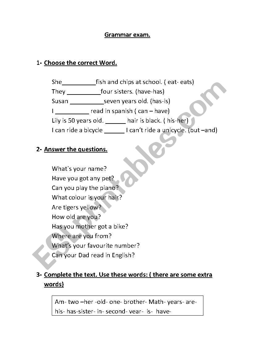 grammar exam worksheet