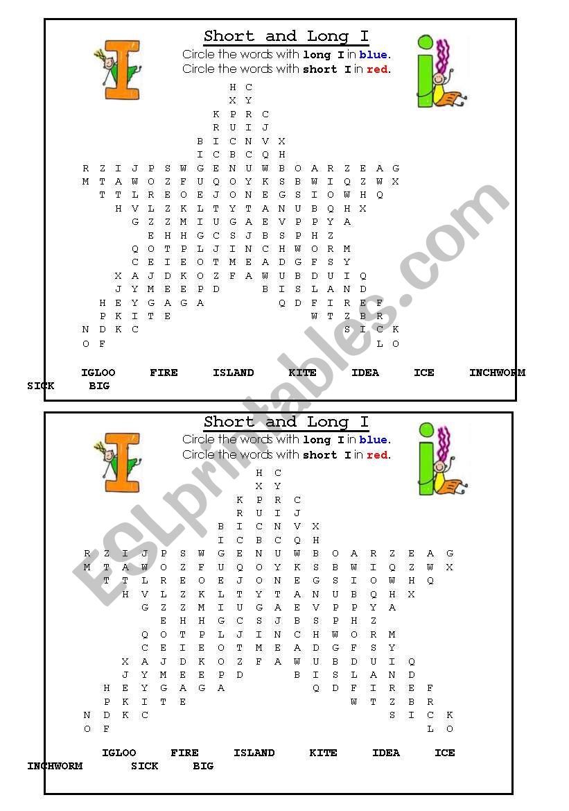 Short and Long I Word Search worksheet