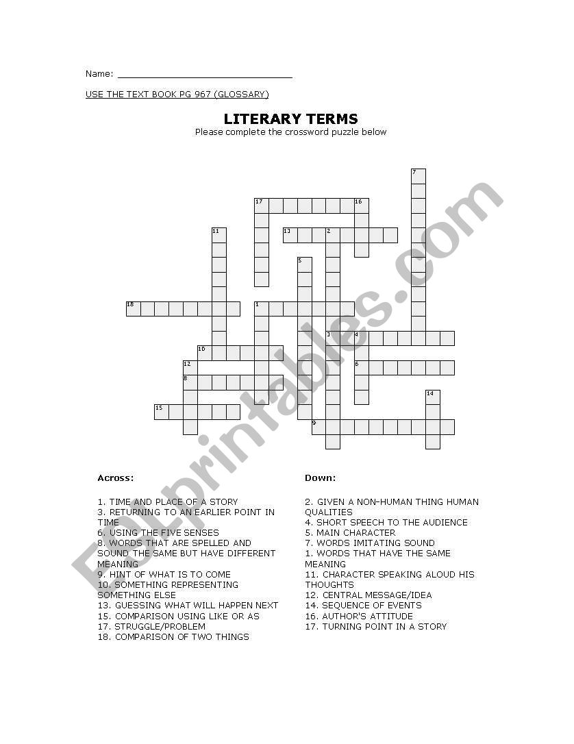 Literary Term Crossword worksheet
