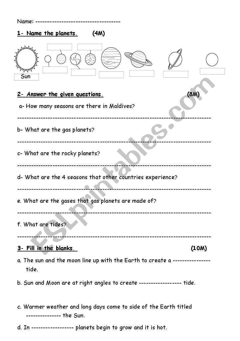 solar system worksheet