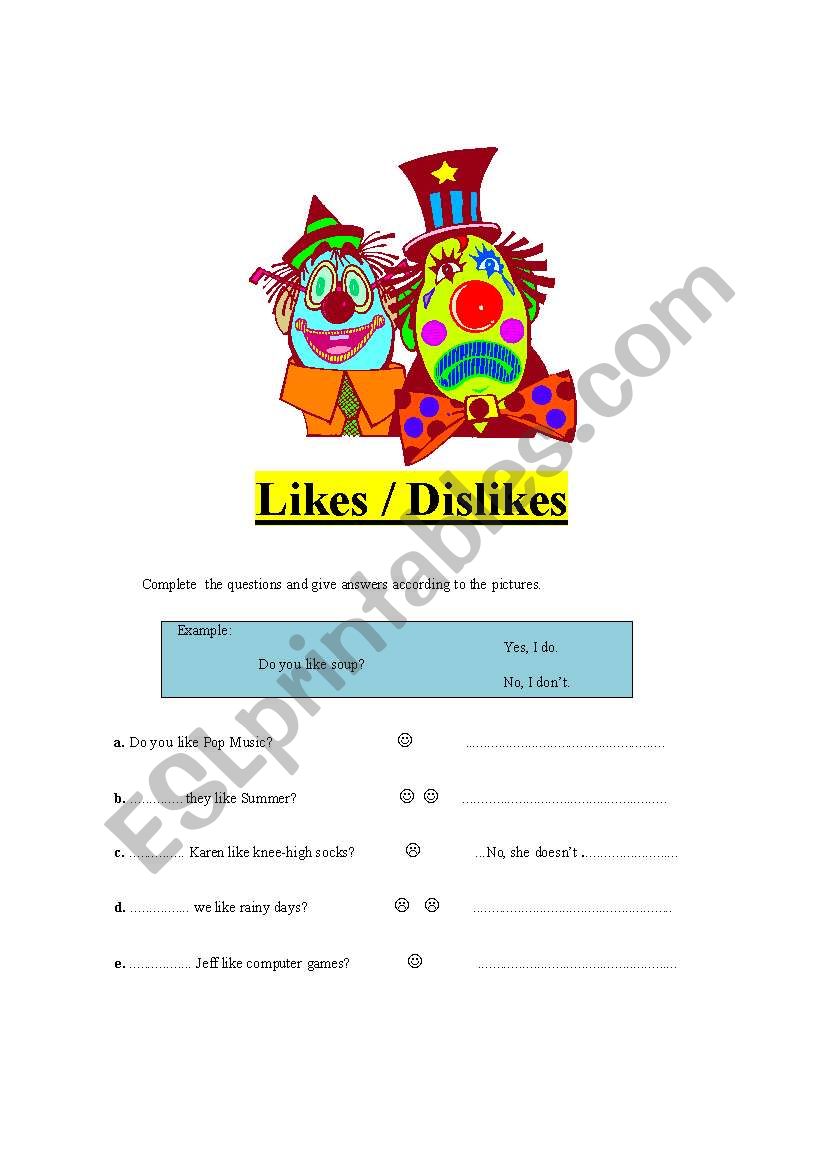 Likes and dislikes worksheet