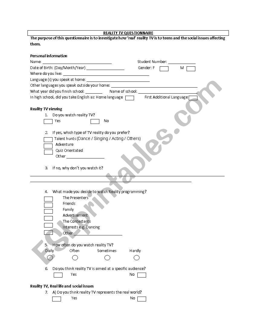 Reality TV questionnaire worksheet