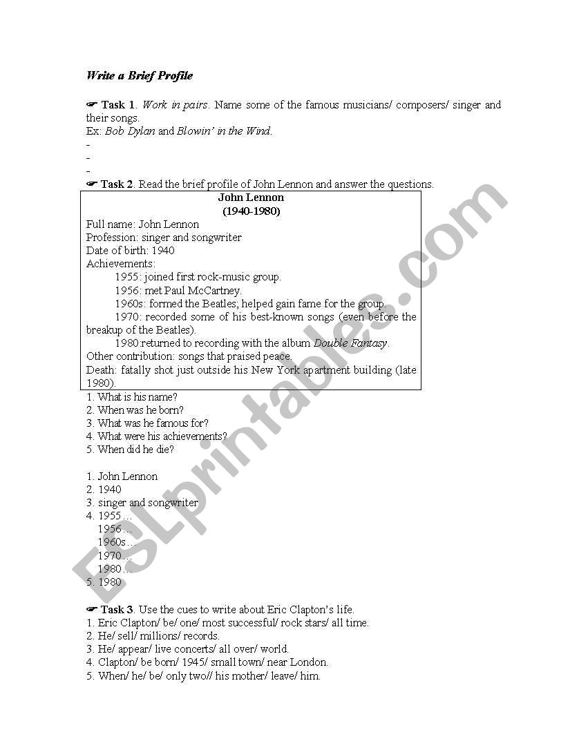 write a brief profile worksheet