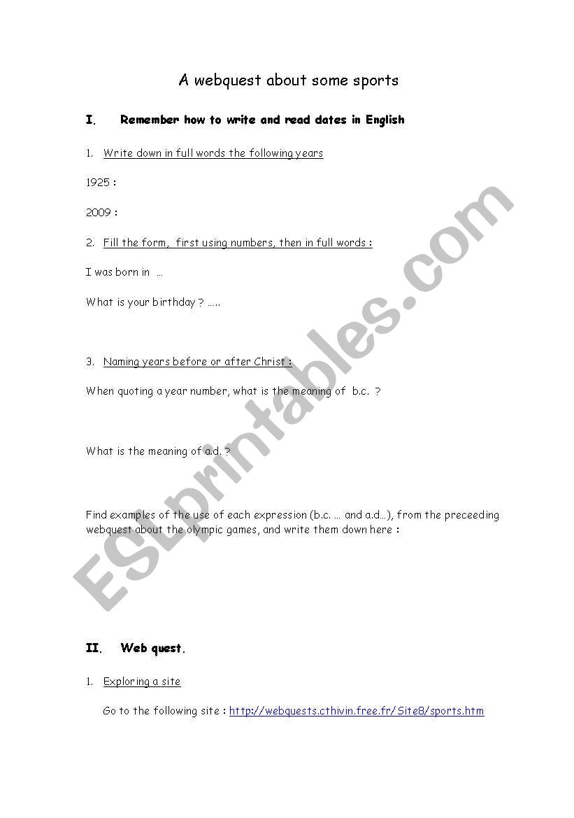 Sports worksheet