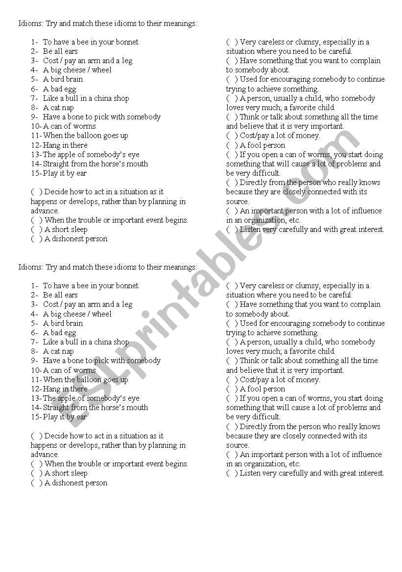 Idioms and meanings worksheet