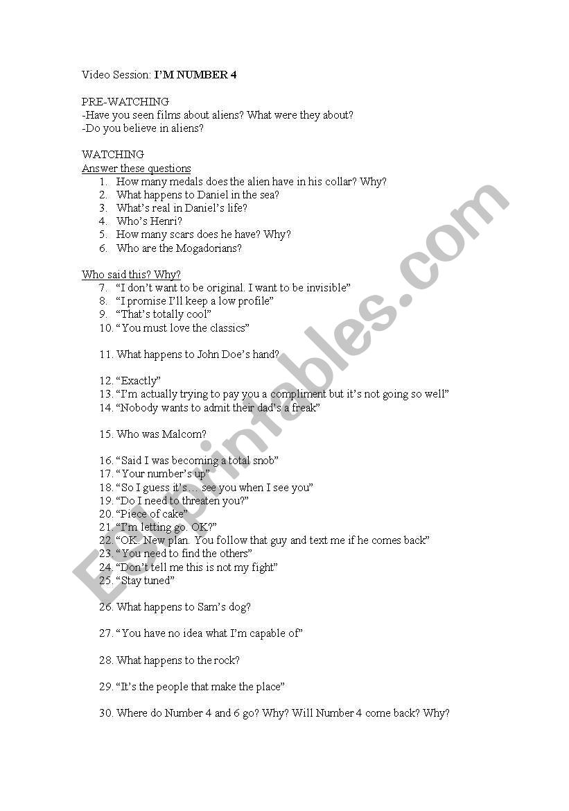 I AM NUMBER 4 worksheet