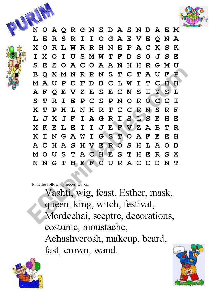 purim word search worksheet