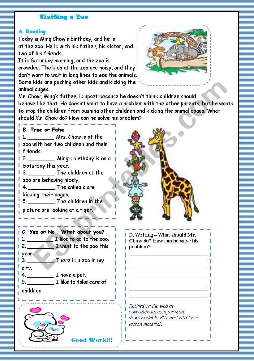 Reading Text : Visiting a Zoo worksheet