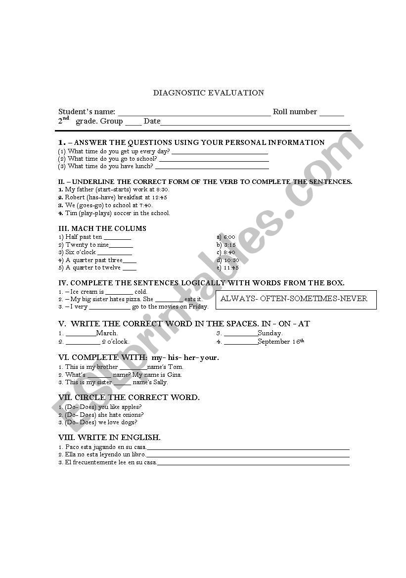 diagnostic exam worksheet