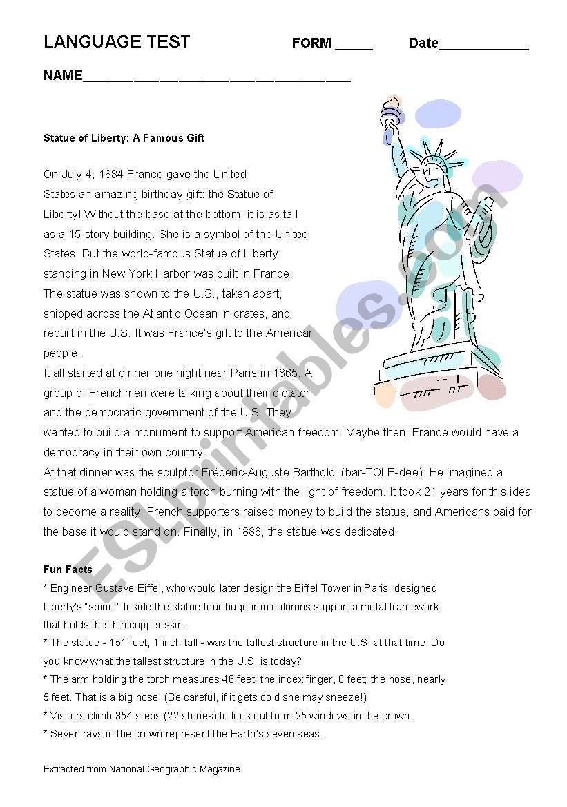 Statue of Liberty worksheet