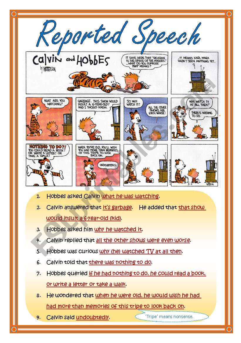 Reported speech in context (based on comic strip Calvin and Hobbes) Students?version is on page 2. 