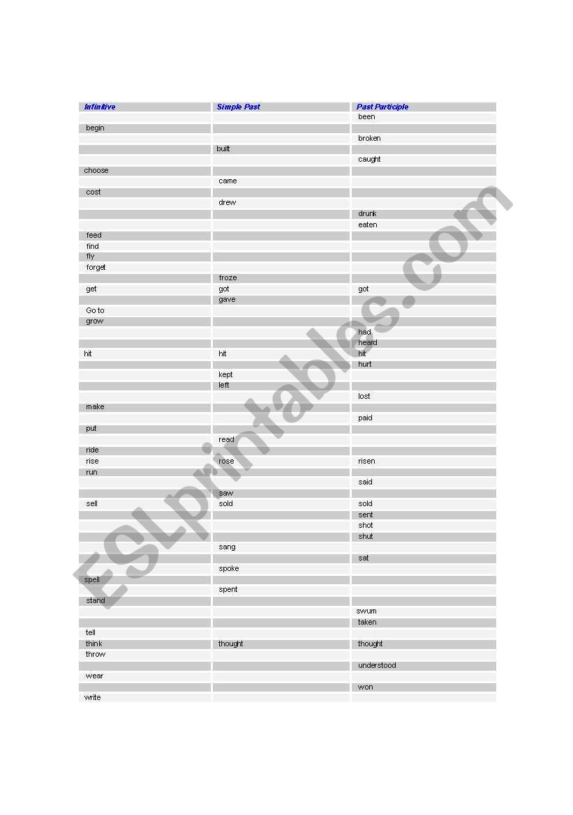 irregular verbs test worksheet