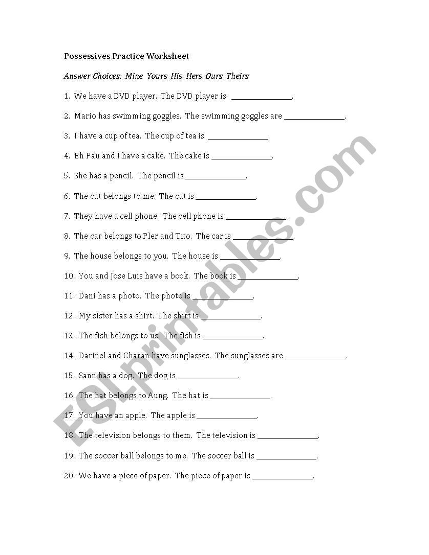 Possessives Practice Worksheet