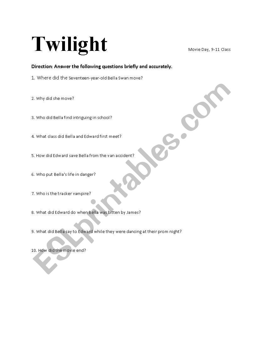 Twilight worksheet