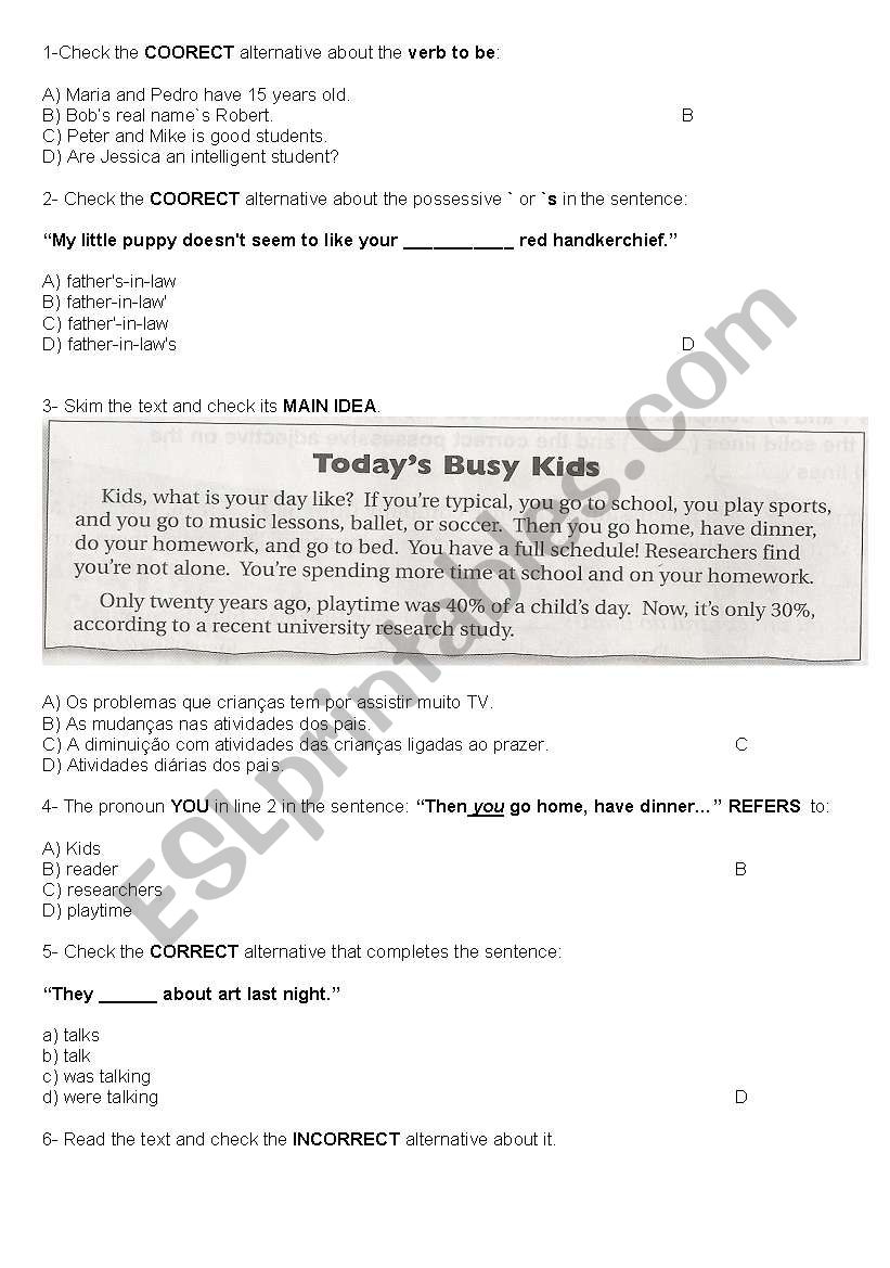 TEST - PRONOUN REFERENCE - SIMPLE PRESENT WITH ANSWERS