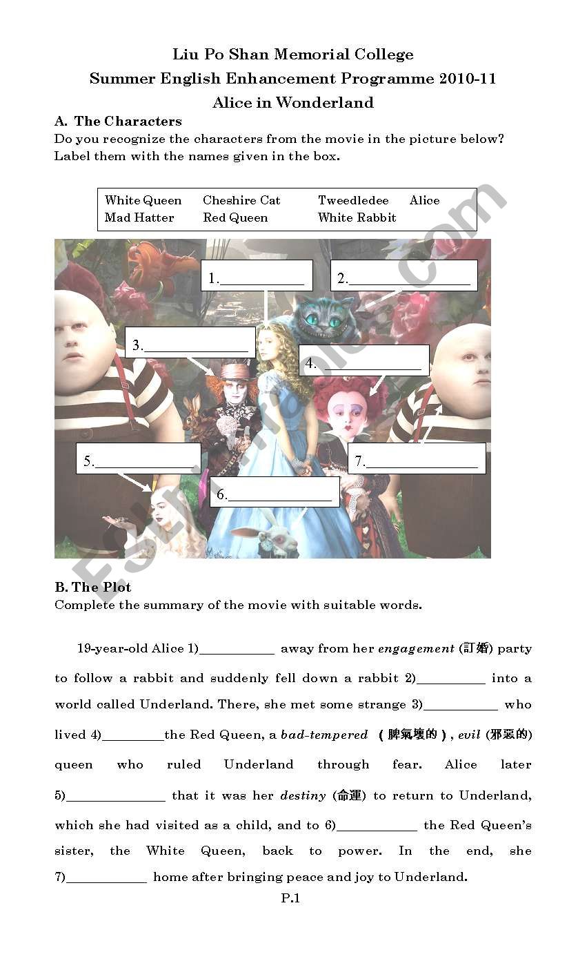 Alice in Wonderland worksheet