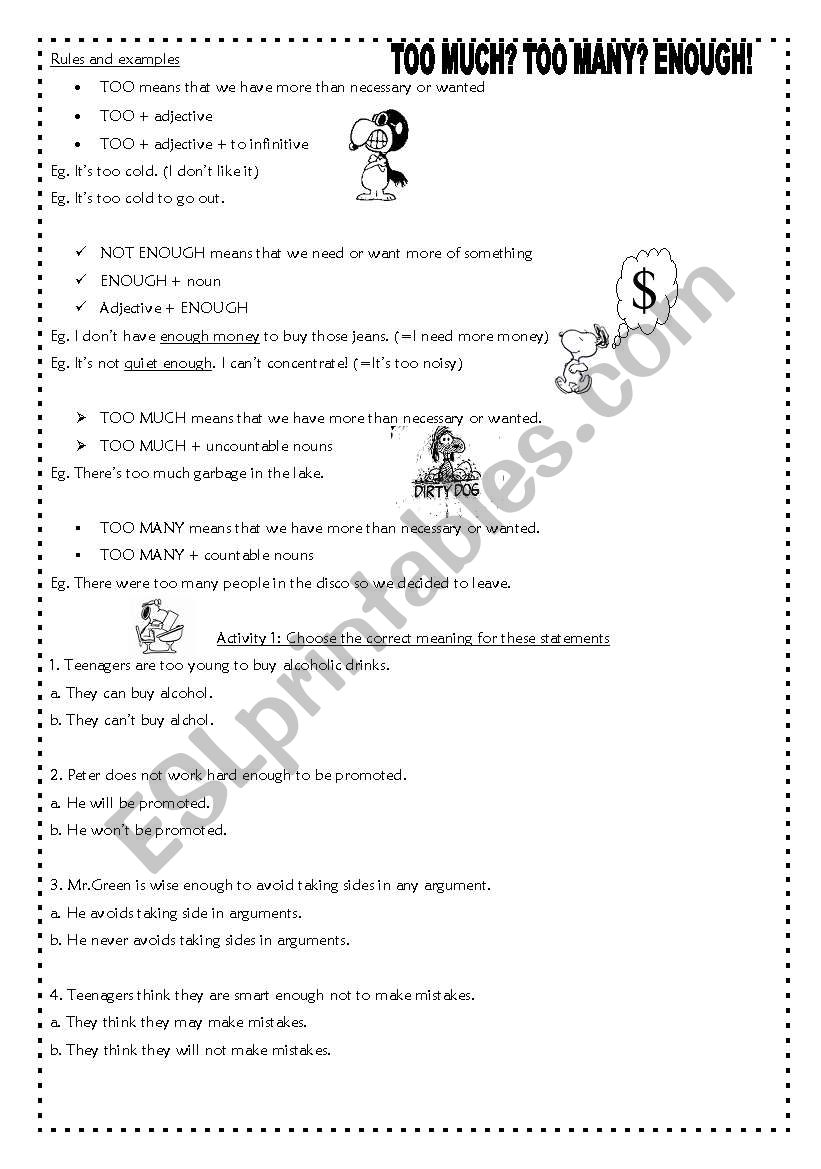 TOO MUCH, TOO MANY? ENOUGH! worksheet