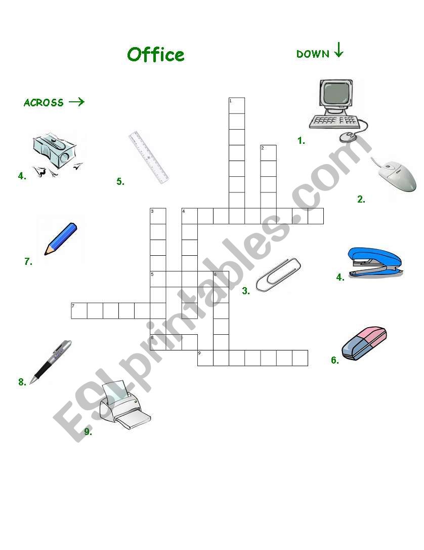 Office objects - crossword worksheet