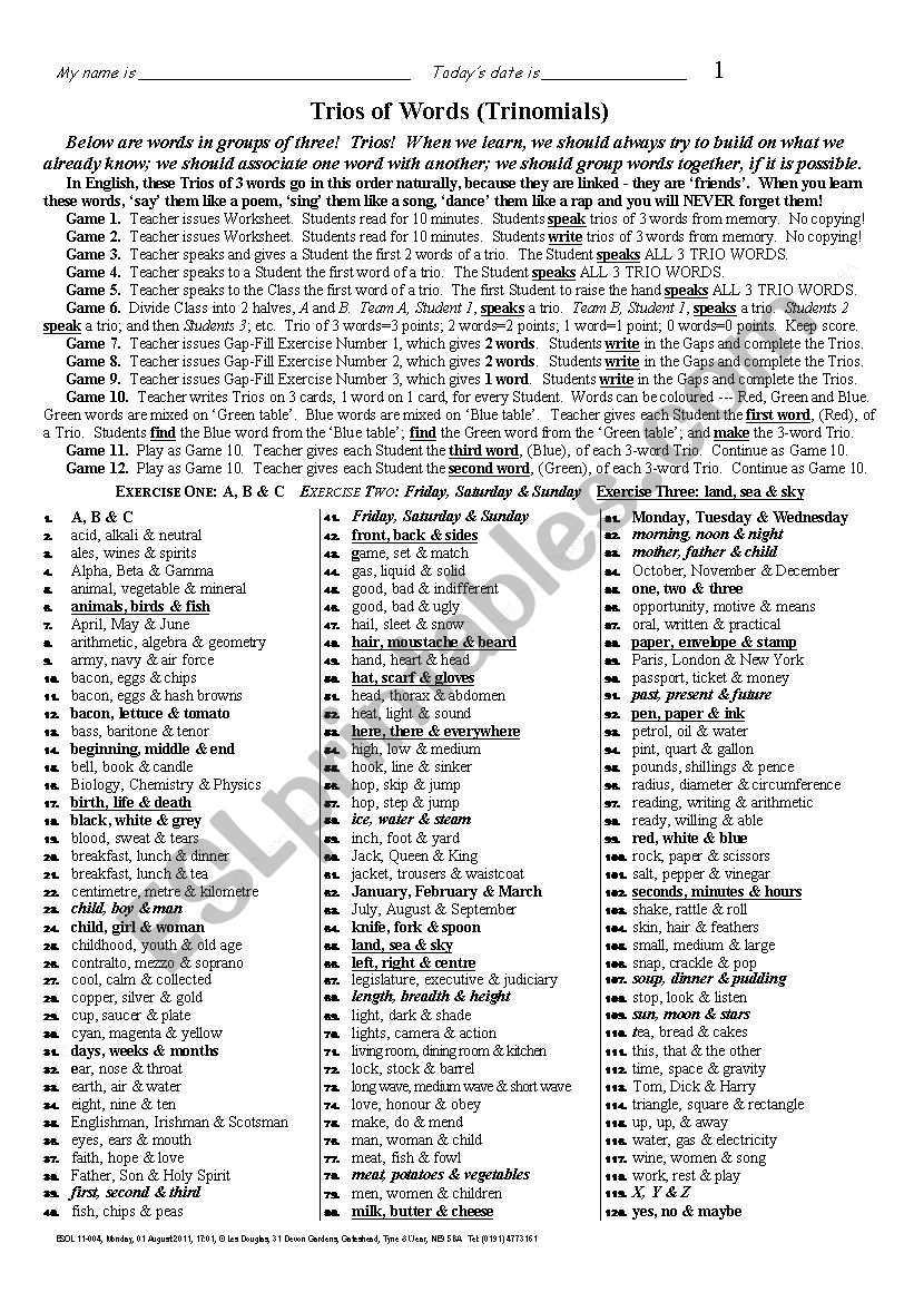 VOCABULARY 003 Trios of Words worksheet