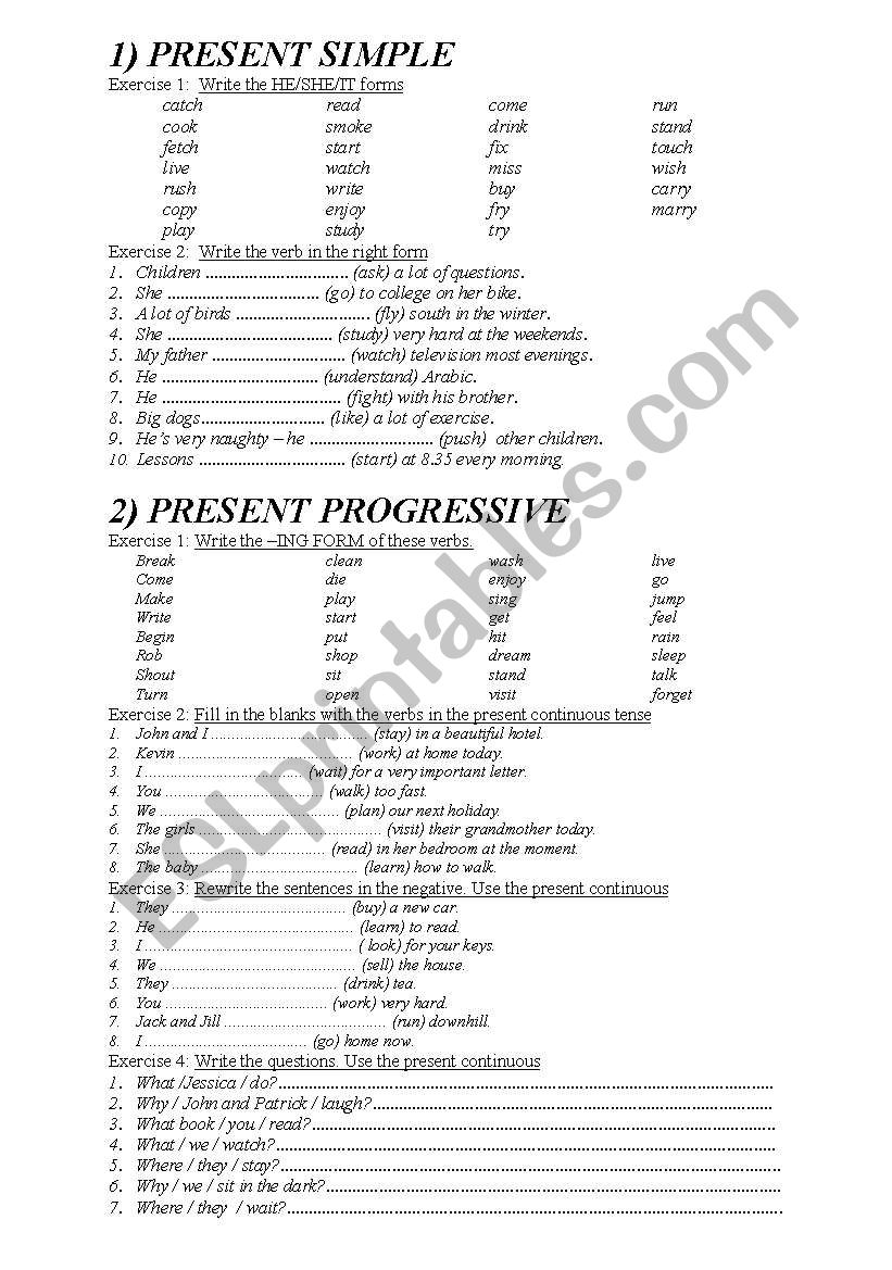 exercises on simple present tense and present progressive tense