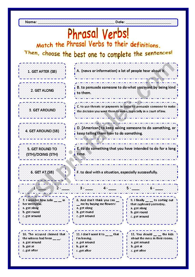 > Phrasal Verbs Practice 39! > --*-- Definitions + Exercise --*-- BW Included --*-- Fully Editable With Key!