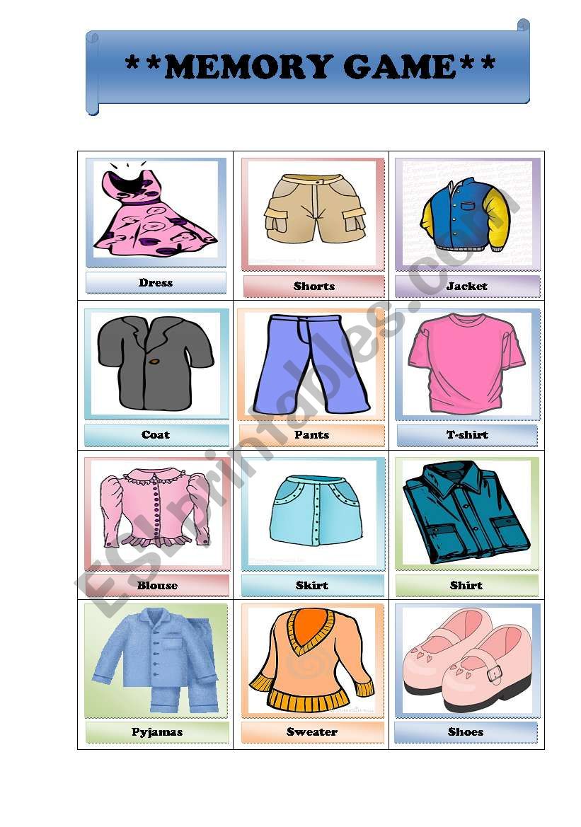 Memory Game/ clothes worksheet