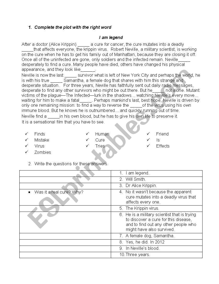 Reading I am legend worksheet