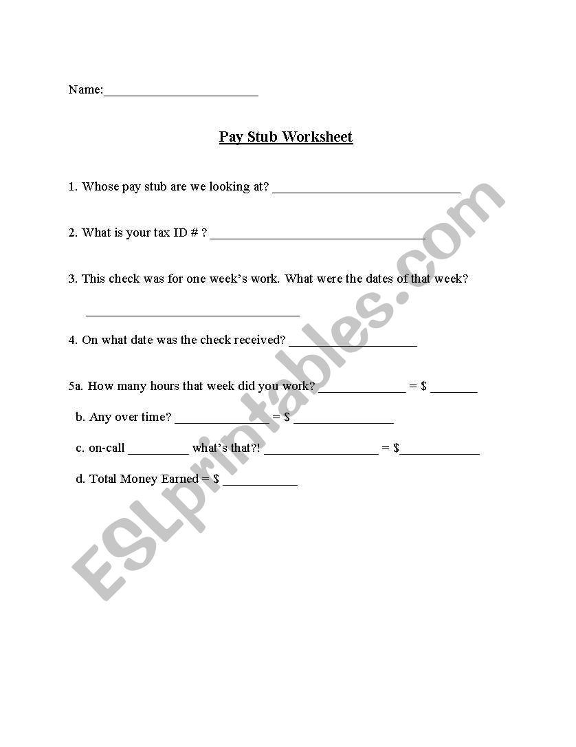 Pay Stub Worksheet worksheet