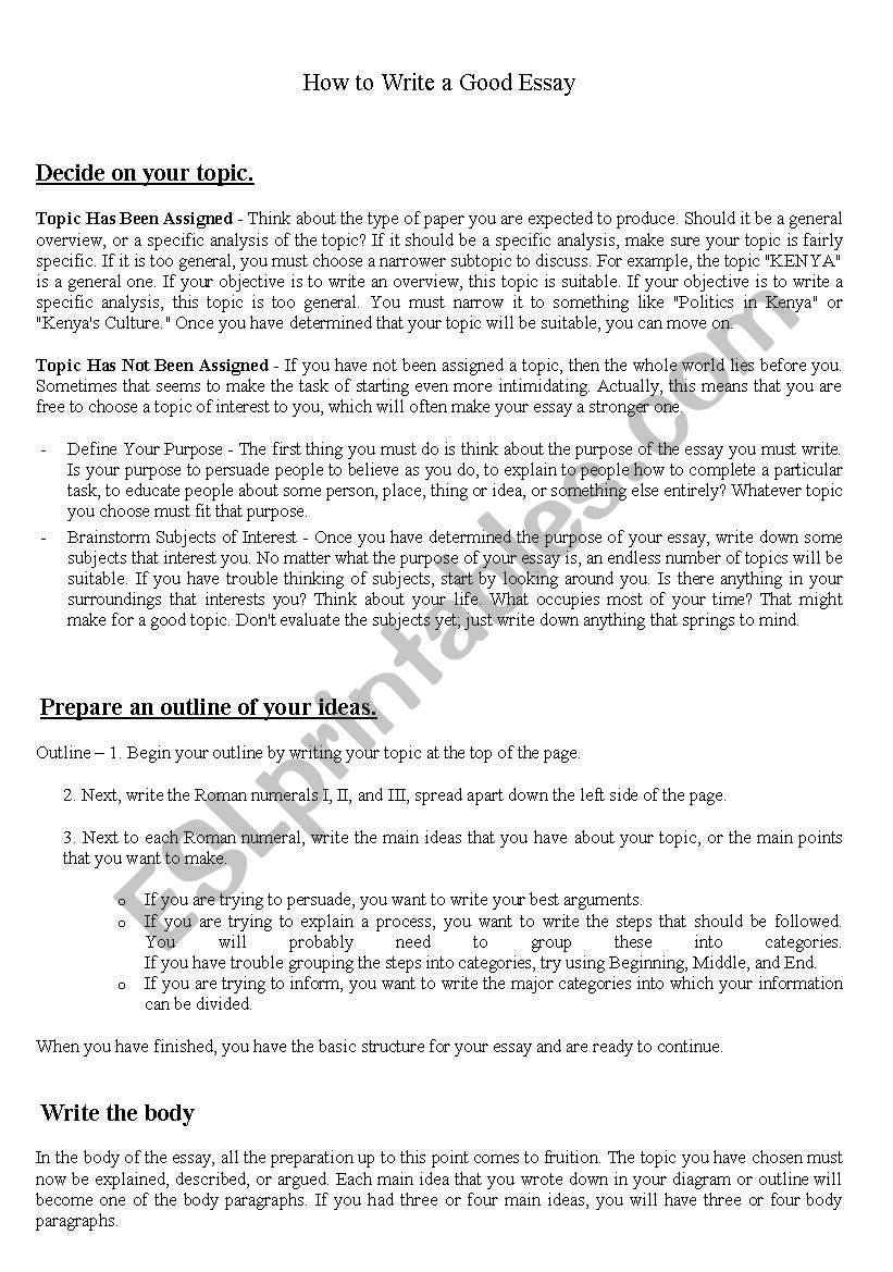 How to write a good essay worksheet