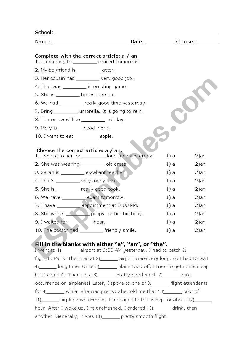 A - An  worksheet