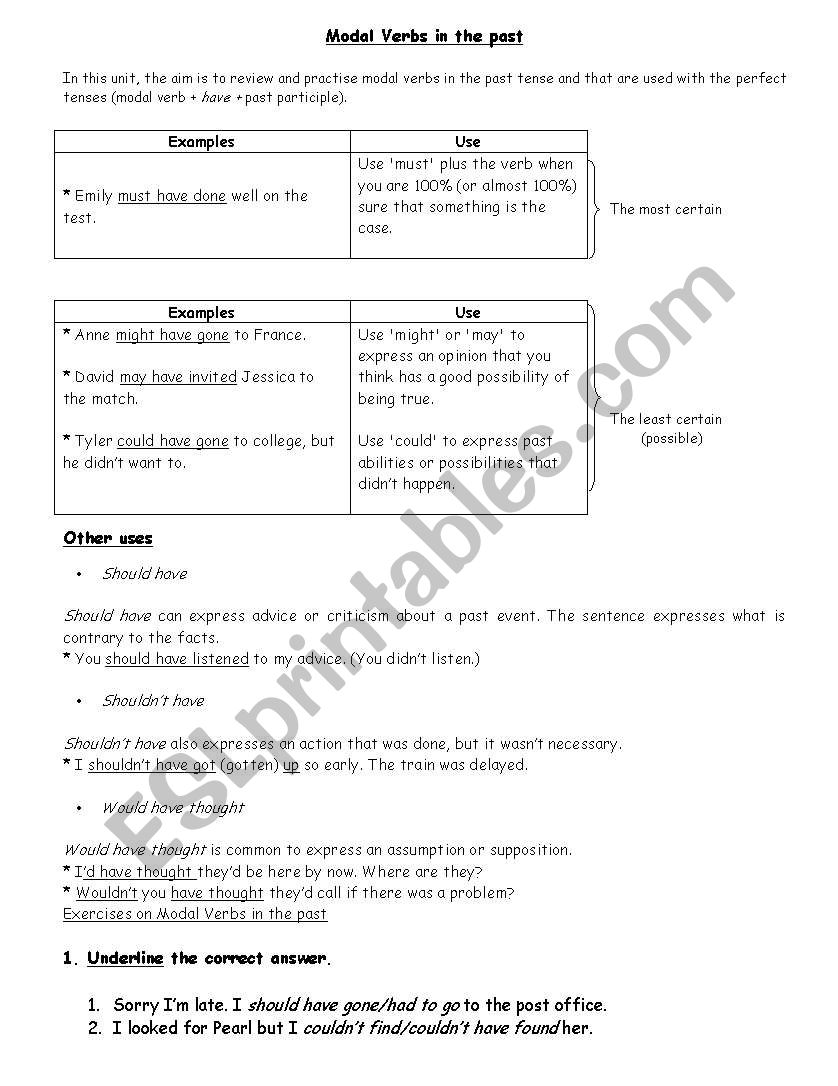 Modal verbs in the past worksheet