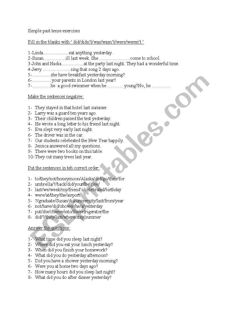 Simple Past Tense Exercises worksheet