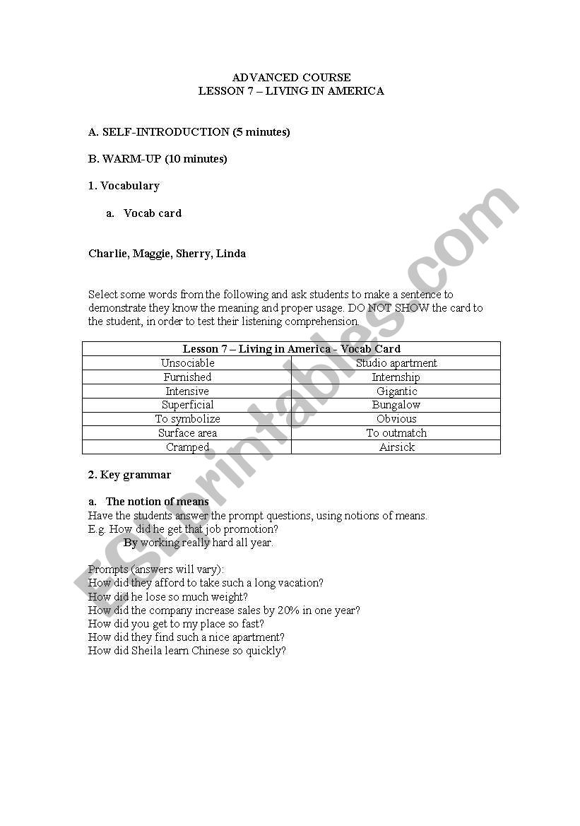 Living In America worksheet