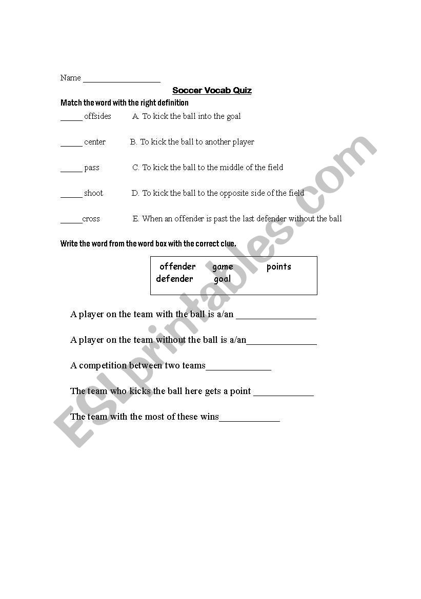 Soccer vocabulary worksheet worksheet