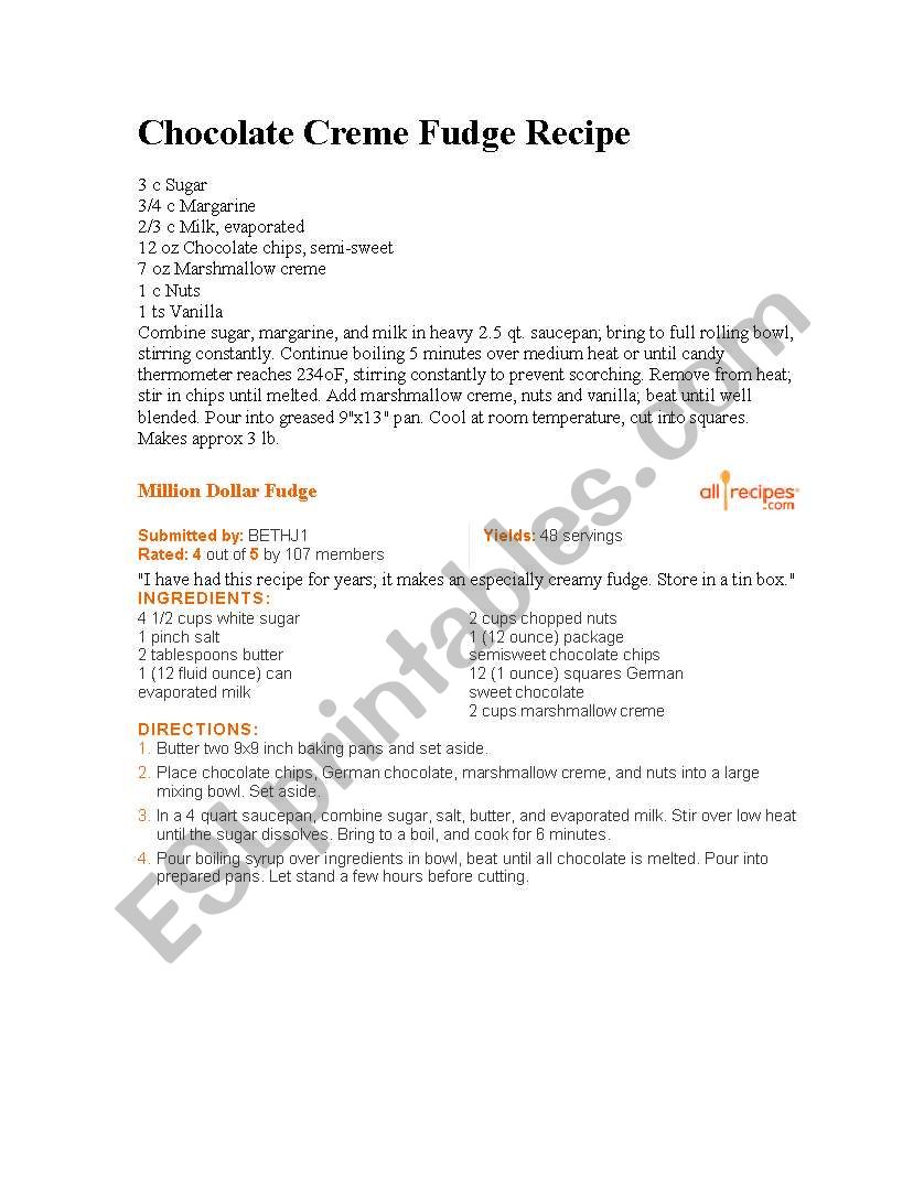 Chocolate Creme Fudge Recipe worksheet