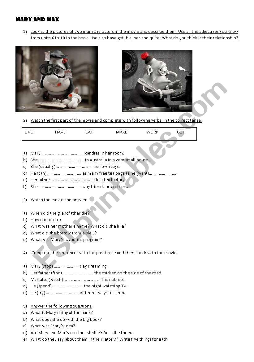 Mary and Max video segment worksheet