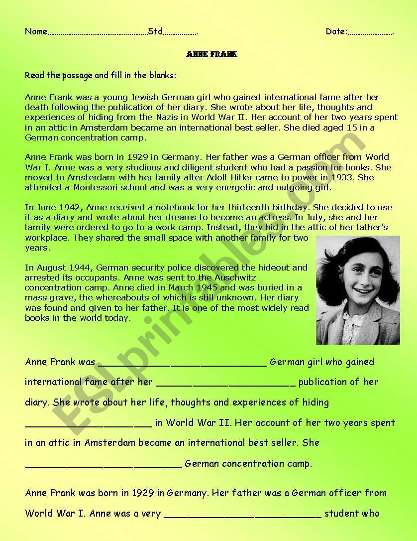 Comprehension Passage on Anne Frank